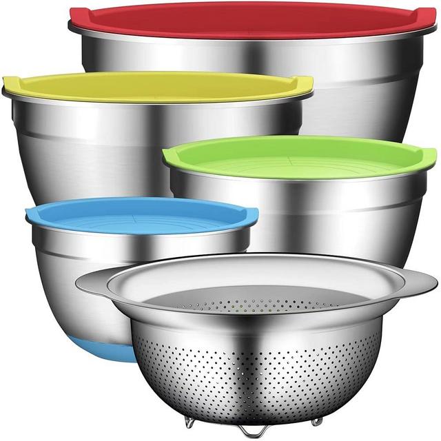 DUTZUN Mixing Bowl Set and Colander - Stainless Steel Mixing Bowls - Mixing Bowls with Lids Set - Kitchen Gadgets 2024 Nesting Salad Bowls with Strainer for Mixing & Preping & Baking, Multicolor