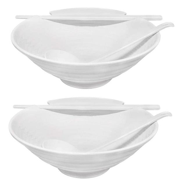 2 x Ramen Bowl Set (White Melamine), 6pcs Japanese Style Soup Bowls Set with Chopsticks, Ladle Spoons Set and Large 37 oz Bowl for Ramen, Pho, Noodles, Asian dishes - Patent Pending