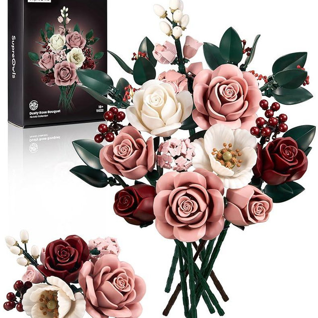 iATOM Pink Roses Flower Bouquet Building Set, Artificial Flowers Botanical Collection Kit for Adults Women & Men - Gift for Valentines Day, Home Room Office Shelf Centerpieces Decor - IA11022