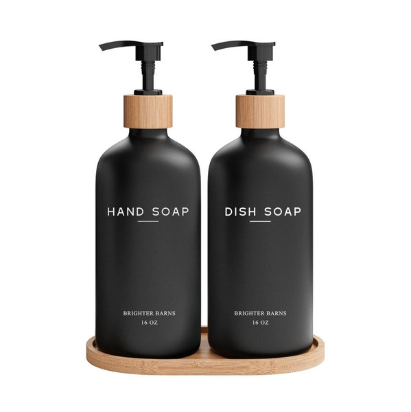 Black Glass Hand and Dish Soap Dispenser Set by Brighter Barns - Kitchen Soap Dispenser Set with Tray - Bamboo Pump Bottles for Kitchen Sink - Boho Modern Home Decor, Neutral Home Accessories (Black)