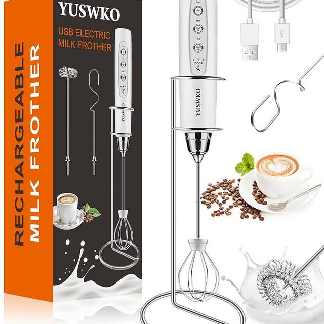 YUSWKO Rechargeable Milk Frother for Coffee with Stand, Handheld Drink Mixer with 3 Heads 3 Speeds Electric Stirrers for Latte, Cappuccino, Hot Chocolate, Egg - White