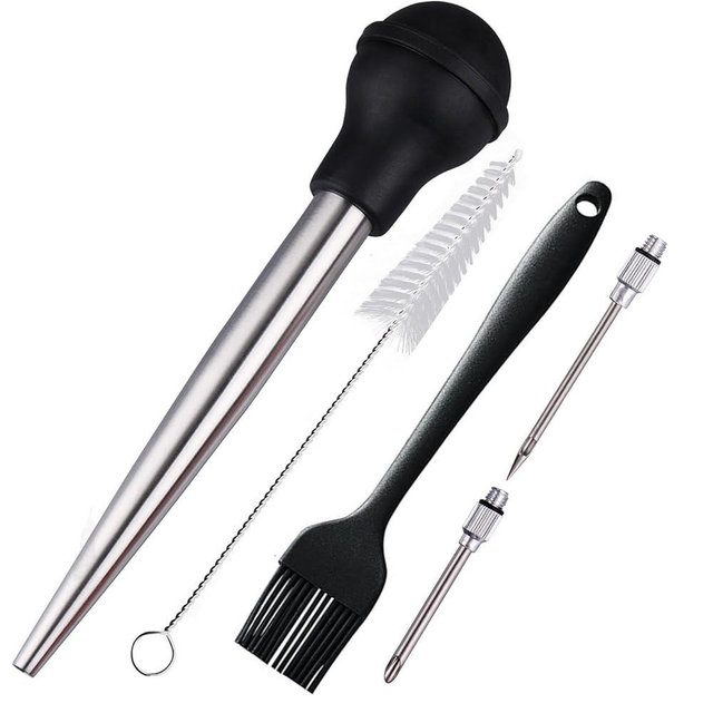 zoyizi Turkey Baster, Baster Syringe for Cooking, Stainless Steel Baster with Marinade Injector Neddles &BBQ Brush & Cleaning Brush, Silicone Bulb, Stainless Steel Turkey Baster Set 5, Color Black