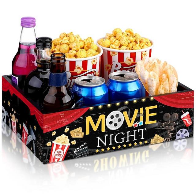 Movie Night Supplies Snack Trays with Handles Reusable Wooden Movie Gift Basket for Theater Popcorn Bucket Bowl Box Container Family Room Christmas Decor(Classic Style)