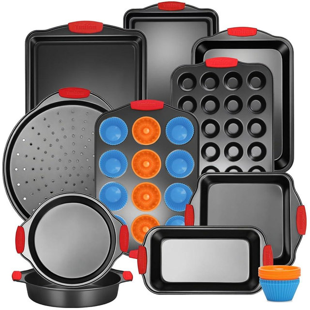 Ymiton Baking Pans Set with Silicone Handles, 34 PCS Nonstick Bakeware Sets, Oven Pan Set Includes Baking Tray, Cookie Sheet, Cake Pans, Loaf Pan, Muffin Pan, Pizza Pan