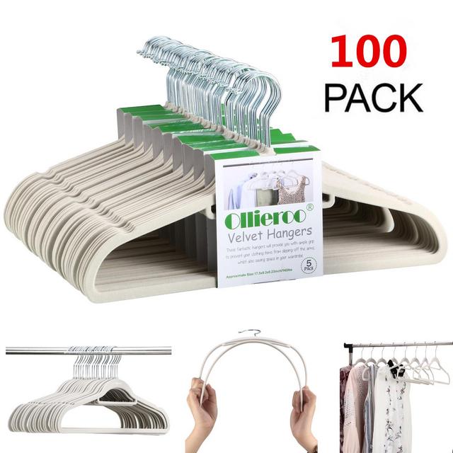 Ollieroo 100 Pack Non Slip Velvet Hangers Set Heavy Duty Clothes Hanger with 360 Swivel Hook,Beige