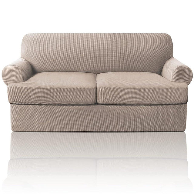 PrinceDeco T Cushion Loveseat Slipcover 3 Pieces Sofa Covers for T Cushion Sofa Stretch Slip Covers for 2 Cushion Couch with 2 Individual T Shape Seat Covers Width Up to 76" - Washable, Sand
