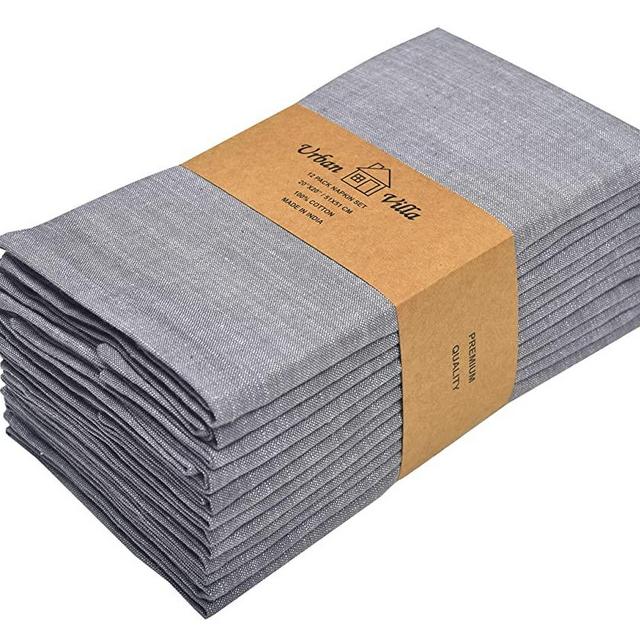 Urban Villa Chambray Slub Set of 12 Dinner Napkins (20X20 Inch) 100% Cotton Everyday Use Premium Quality Over sized Cloth Napkins with Mitered Corners Ultra Soft Durable Hotel Quality (Grey/White)