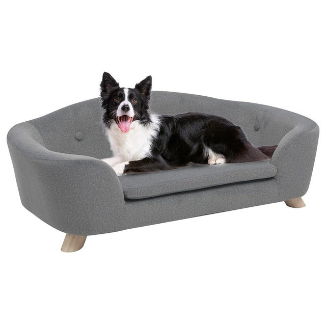 SHAVI Large Cat Sofa, 35" Wide Dog Couch for Large and Medium Cats Dogs, Low Back Pet Sofa with Washable Cushion, Luxury Velvet Lounging Bed with Anti-Slip Bottom(Grey)