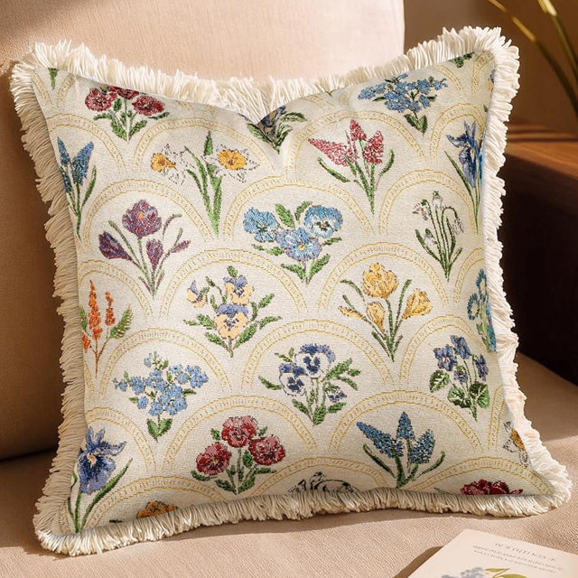 Kokaaee Decorative Throw Pillow Cover 18x18 - Vintage Pillowcovers with Fringe Spring Floral Embroidered Pillow Case with Zipper for Living Room Couch Sofa Bed Rustic Boho Design Abstract