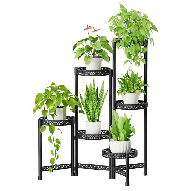 iDavosic.ly 6 Tier Plant Stand Indoor Tall, Corner Metal Tiered Plant Stands Outdoor for Multiple Plants, Folding Iron Flower Display Holders Rack Shelf, Hollow Black