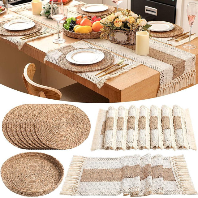 Gandeer Boho Placemats 4/6/8 Set of Round Woven Placemat Macrame Style Bicolor Stitching Long Table Runner Farmhouse Rustic Natural Burlap Cotton for Kitchen Dining Table (8 Sets,Brown,12x108)