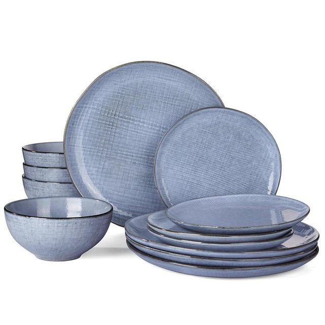 Famiware Moonlight Plates and Bowls Sets, 12 Pieces Stoneware Dinnerware Sets with Linen Finish, Handmade Dishware Set for 4, Microwave and Dishwasher Safe, Chip and Scratch Resistant, Blue