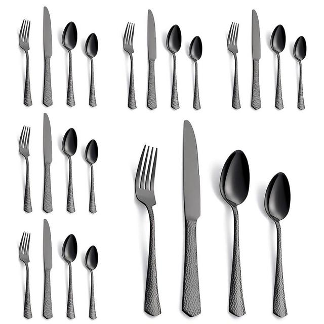 Generic Hammered Black Silverware Set, 24-Piece Stainless Steel Flatware Set Cutlery Set, include Forks, Spoons and Knives Set, Service for 6, Dishwasher Safe