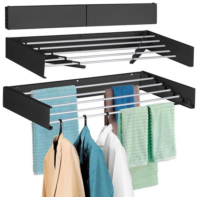 FOCHIER F Laundry Drying Rack Wall Mounted Clothes Drying Rack Collapsible 40" Wide with 16.5 Linear Ft and 5 Aluminum Rods Drilling Template Long Screwdriver Bit 60 lbs Capacity Black