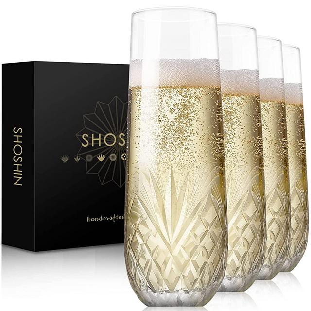 Shoshin Stemless Champagne Flutes, Hand Made, Set of 4, Toasting champagne glasses, Wedding Party Cocktail Cups, Wine Flute, Mimosa Glasses Set, Water Glasses, Highball Glass, 9.5oz (Agave)