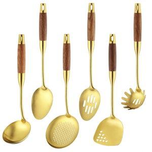 18/10 Stainless Steel Kitchen Utensils Set,6 Piece Cooking Utensils With Wood Handle,Heat Resistant Kitchen Tool Set With Spatula, Spoon, Ladle, Skimmer, Slotted Spoon, Pasta