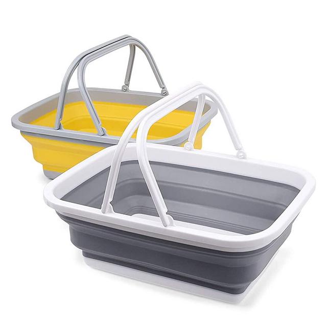 2 Pack Collapsible Sinks -Camping Picnic Baskets 10L/2.64 Gal - Foldable Ice Buckets with Sturdy Handle for Washing Dishes,Hiking,RV and Home - Portable Outdoor Wash Basin/Dishwashing Tub（Grey/Yellow）