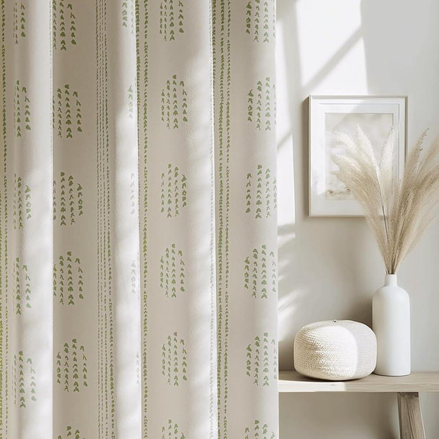 ugoutry 100% Boho Blackout Curtains 84 Inches Long for Bedroom, Green on Beige Patterned Bohemian Curtains for Living Room, Geometric Striped Thermal Insulated Window Drapes Gromment Top 2 Panels
