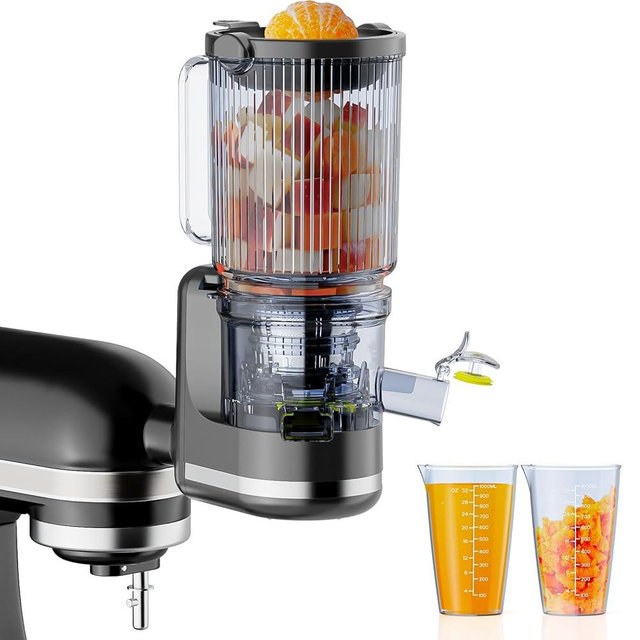 Juicer Attachment for KitchenAid, Cold Press Slow Juicer with 4.9" Large Feed Chute for Whole Fruits & Vegetables, Includes 2 * 1L Measuring Cups for KitchenAid Accessories and Attachments, Black