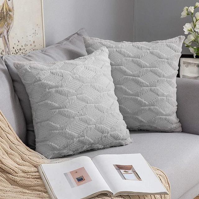 MIULEE Pack of 2 Embroidered Faux Wool Throw Pillow Covers Decorative Pillowcase Cushion Case for Couch Sofa Bedroom Car 18x18 Inch, Light Gray