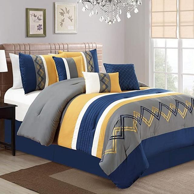 Chezmoi Collection Arden 7 Pieces Modern Pleated Stripe Embroidered Zigzag Bedding Comforter Set (Queen, Navy/Gray/Yellow/Off-White)