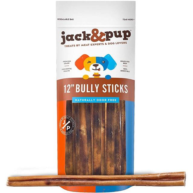 Jack & Pup 12-inch Premium Grade Odor Free Bully Sticks Dog Treats [Extra-Thick],– 12” Long All Natural Gourmet Dog Treat Chews – Fresh and Savory Beef Flavor – 30% Longer Lasting