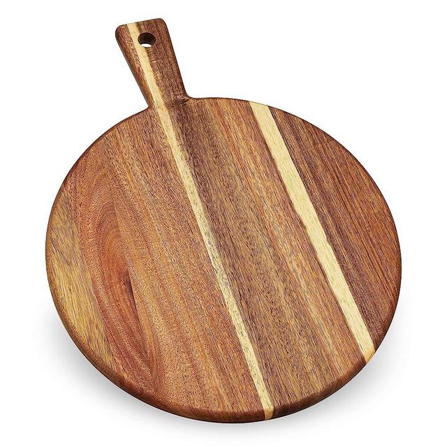 Acacia Wood Round Cutting Board and Chopping Board with Handle for Meat, Cheese Board, Vegetables, Bread, and Charcuterie - Decorative Wooden Serving Board for Kitchen and Dining Room, Large 17” x 13”