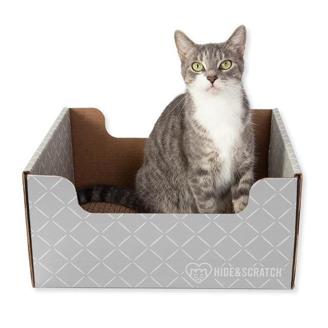 HIDE & SCRATCH Heavy Duty Cardboard Cat Scratcher Box and Cat Bed with Refillable Double-Sided Cardboard Scratch Pad for Indoor Cats