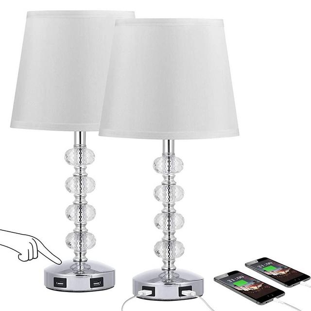 3-Way Dimmable USB Crystal Table Lamp, Seealle 17 Inch Touch Crystal Lamp Set of 2 , Exquisite Decorative Bedside Lamps Set of 2 for Bedroom, Living Room, Nightstand with Daylight White Light Bulb