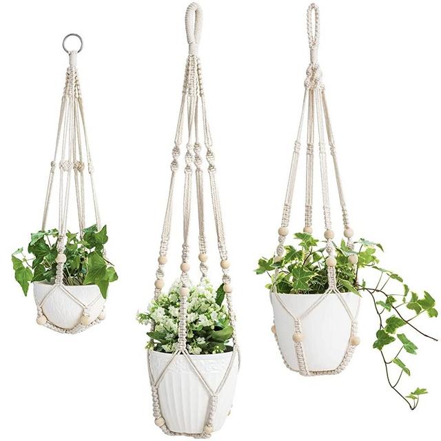 Mkono 3 Pack Macrame Plant Hangers Indoor Hanging Planter Basket Flower Pot Holder Cotton Rope with Beads No Tassels, 23"/29"/35"