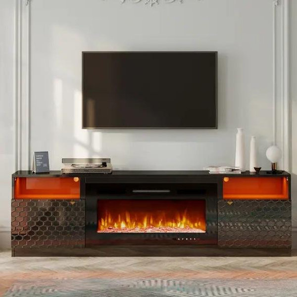 70" MDF Glossy Morden TV Stand for Tvs up to 75" with Fireplace (Black)