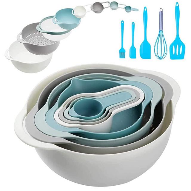 13 Pcs Mixing Bowls Set- RV Camping Accessories Set, Apartment Kitchen Gadget Easy Storage, Inculding Measuring Cups Colander Sifter Large Bowl Whisk Scraper, Great for Cooking and Baking, BPA Free