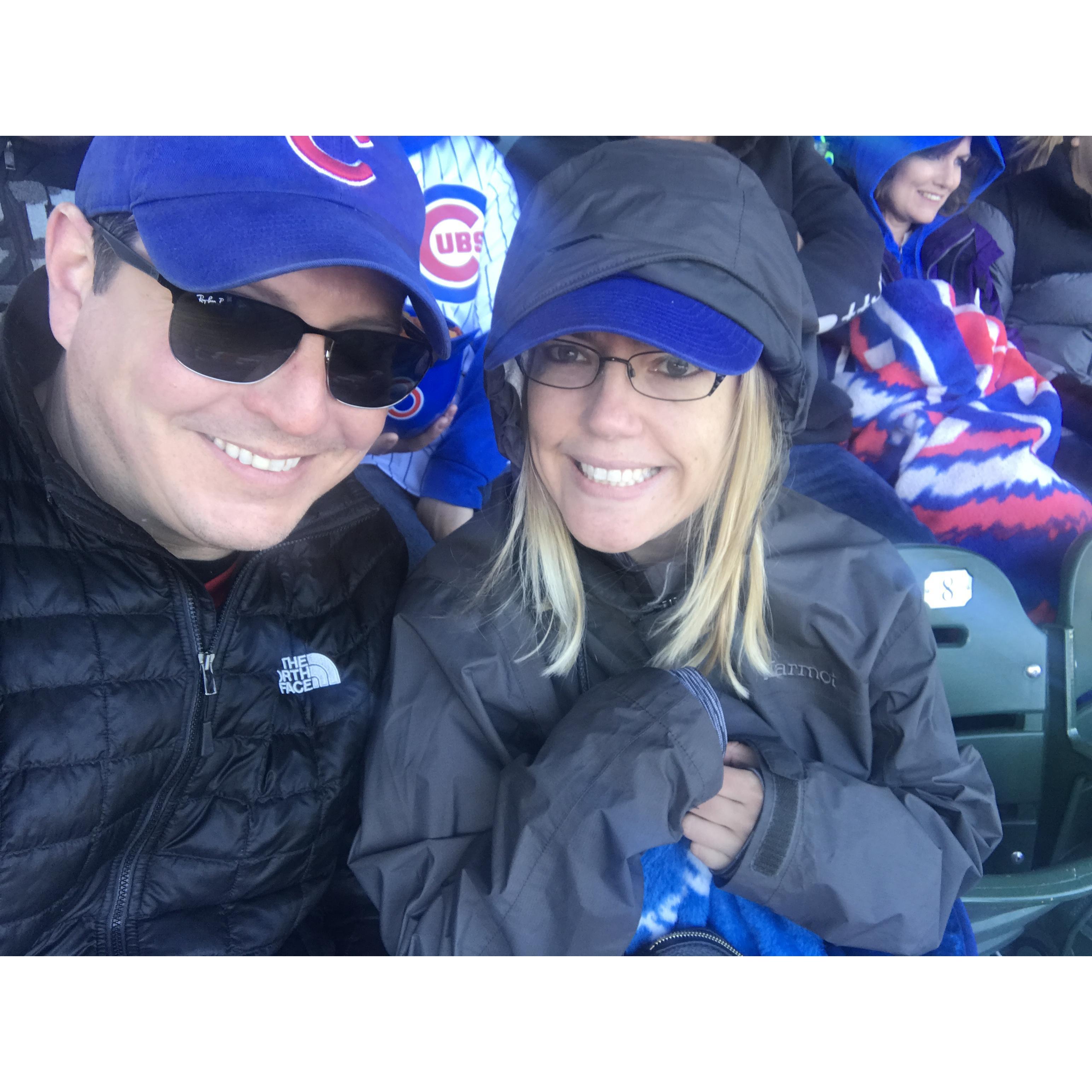 Our first cubs game together in Wrigley Field. It was absolutely freezing!!