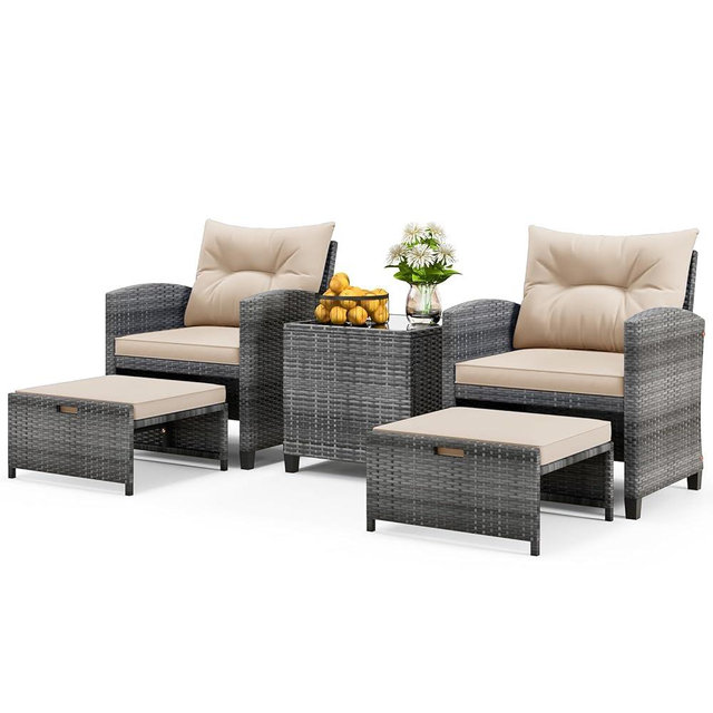ORALNER 5 Pieces Patio Furniture Set with Ottoman, Wicker Conversation Set w/Cushions, Glass Coffee Table, Outdoor Lounger Rattan Chairs Bistro Set for Porch Balcony Garden Deck Poolside (Beige)