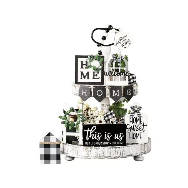 Tiered Tray Decor Set for Rustic Home Country Kitchen Dining Room Living Room Table Decorations Farmhouse Modern White and Black Tray Decorative with Wooden Beads and Board (No Tray)