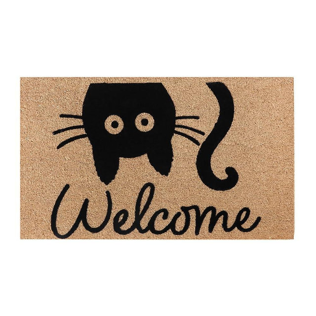 A1 Home Collections A1HC Natural Coir Flocked Doormat with Heavy Duty Non-Slip PVC Backing Easy to Clean, Fade Resistant, Low-Profile Durable Doormat (Cat Welcome, 24x36)