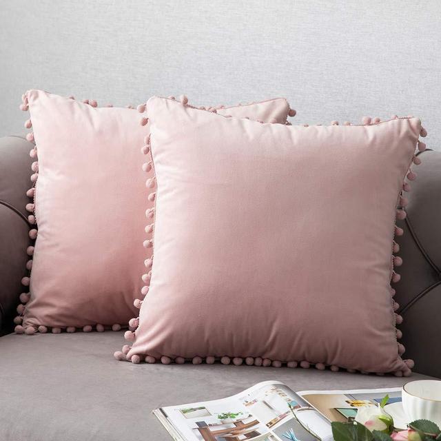 Throw Pillow Covers with Pom-poms, 2 Pack Super Soft Velvet Decorative Pillow Cases, Luxury Accent Rectangular Pillowcases, Square Cushion Covers for Farmhouse,Couch,Sofa, 16x16 Inch, Baby Pink