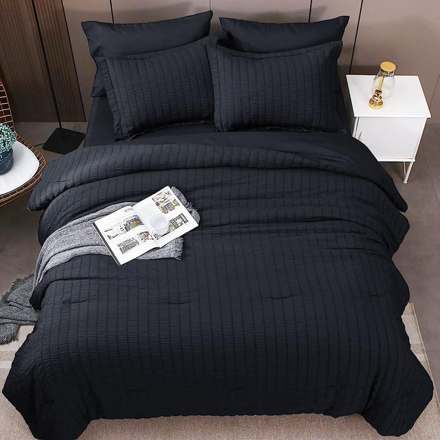 HYMOKEGE Black Queen Comforter Set Seersucker 8 Pieces, All Season Luxury Bed in a Bag for Bedroom, Bedding Set with Comforters, Sheets & Skirt, Pillowcases & Shams