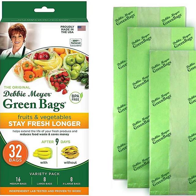 Debbie Meyer GreenBags 32-Pack (16M, 8L, 8XL) – Keeps Fruits, Vegetables, and Cut Flowers, Fresh Longer, Reusable, BPA Free, Made in USA
