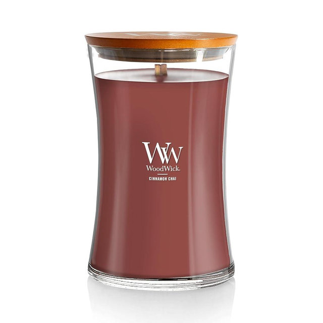 WoodWick Large Hourglass Candle Cinnamon Chai - Premium Soy Blend Wax Pluswick Innovation Wood Wick Made in USA