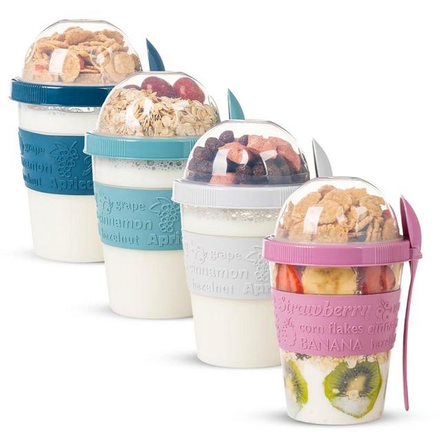 EYNEL On The Go Cereal Yogurt Cups with Lids and Spoon, Overnight Oats Container, Reusable Parfait Plastic Milk Jar Breakfast Crunch Granola Oatmeal Smoothie Snack Prep Bowl To Take Along