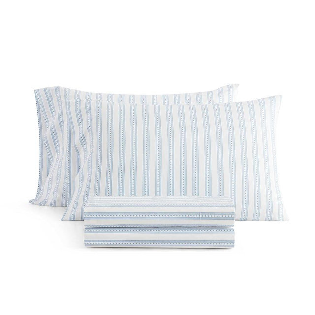 Martha Stewart - King Size Sheets Set, Crisp & Tailored Cooling Sheets with a Smooth Cotton Percale Lightweight Feel - Bed Sheets with Matching Pillowcases & Fitted Sheet (Francesca Stripe Blue)