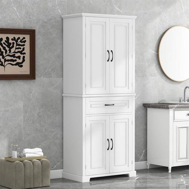 72.2" Tall Storage Cabinet with 4 Doors and Drawer, Freestanding Linen Cabinet, Wooden Pantry with Adjustable Shelf for Kitchen, Bathroom, Living Room, White