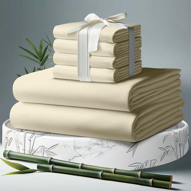 DECOLURE 100% Organic Viscose Derived from Bamboo Sheets Queen Size 6pcs - Ultra Soft & Luxuriously Cooling, 17" Deep Pocket, Double Stitching, Perfect for Hot Sleepers - Queen Bed Sheets (Creme)