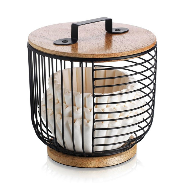 MosJos Coffee Filter Holder for Counter with Wooden Lid - Round Black Wire Coffee Pod Storage Container Basket for Kitchen Countertop Organization - Coffee Bar Accessories