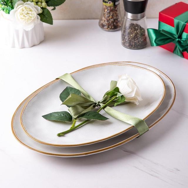 AmorArc Ceramic Large Serving Plates, Reactive handcrafted Oval Platters for Entertaining, Kitchen Dishes for Dinner, Fruit, Salad, Turkey. Microwave & Dishwasher Safe,14.25" / 11.75", Set of 2-White