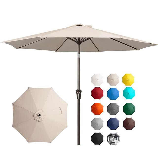 JEAREY 9FT Outdoor Patio Umbrella Outdoor Table Umbrella with Push Button Tilt and Crank, Market Umbrella 8 Sturdy Ribs UV Protection Waterproof for Garden, Deck, Backyard, Pool (Beige)