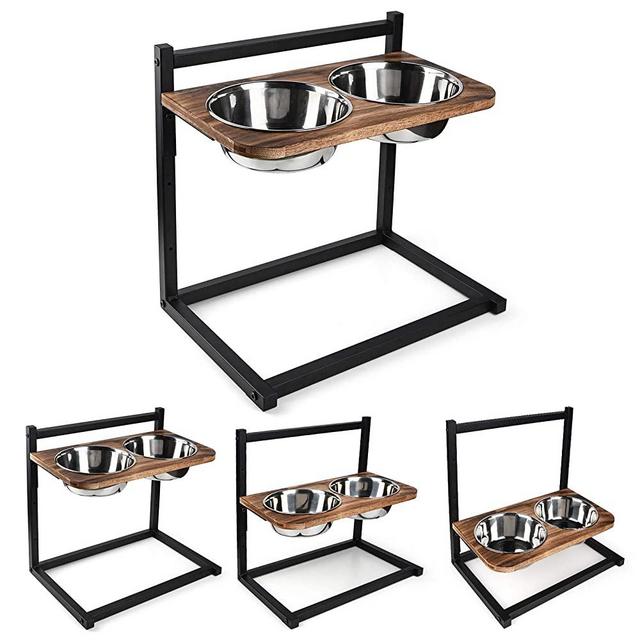 Emfogo Dog Cat Bowls Raised Dog Bowl Stand Feeder Adjustable Elevated 3 Heights5in 9in 13in with Stainless Steel Food and Water Bowls for Small to Large Dogs and Cats 16.5x16 inch(Carbonized Black)