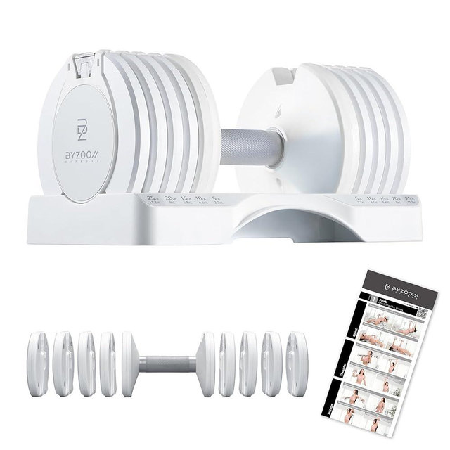 BYZOOM FITNESS Adjustable Dumbbell – 12.5/25lb Single Unit OR Set of 2 – 5-in-1 Adjustable Weight for Home Gym, Strength Training & Fitness Workouts, White OR Black
