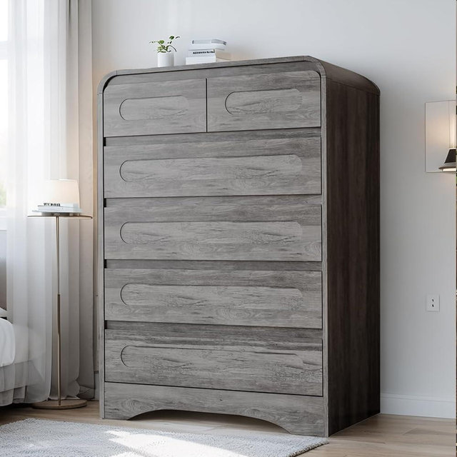Dresser for Bedroom with 6 Drawers, 44" Tall Modern Dressers & Chest of Drawers with Curved Profile Design, Wood Closet Clothes Storage Dressers Organizer for Bedroom Living Room Hallway, Grey